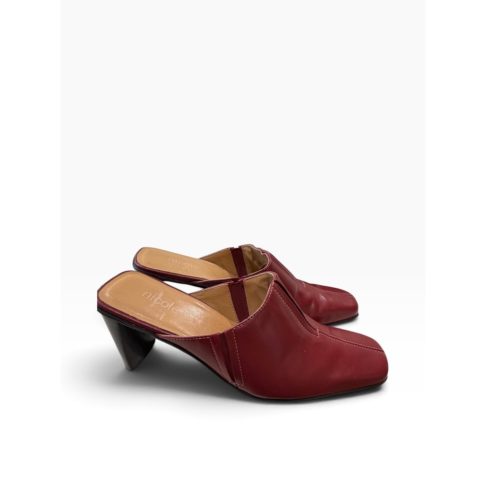 Nicole Vintage 90s Red Leather Mules Square Toe Block Heel Slides Boho Mod 7.5M